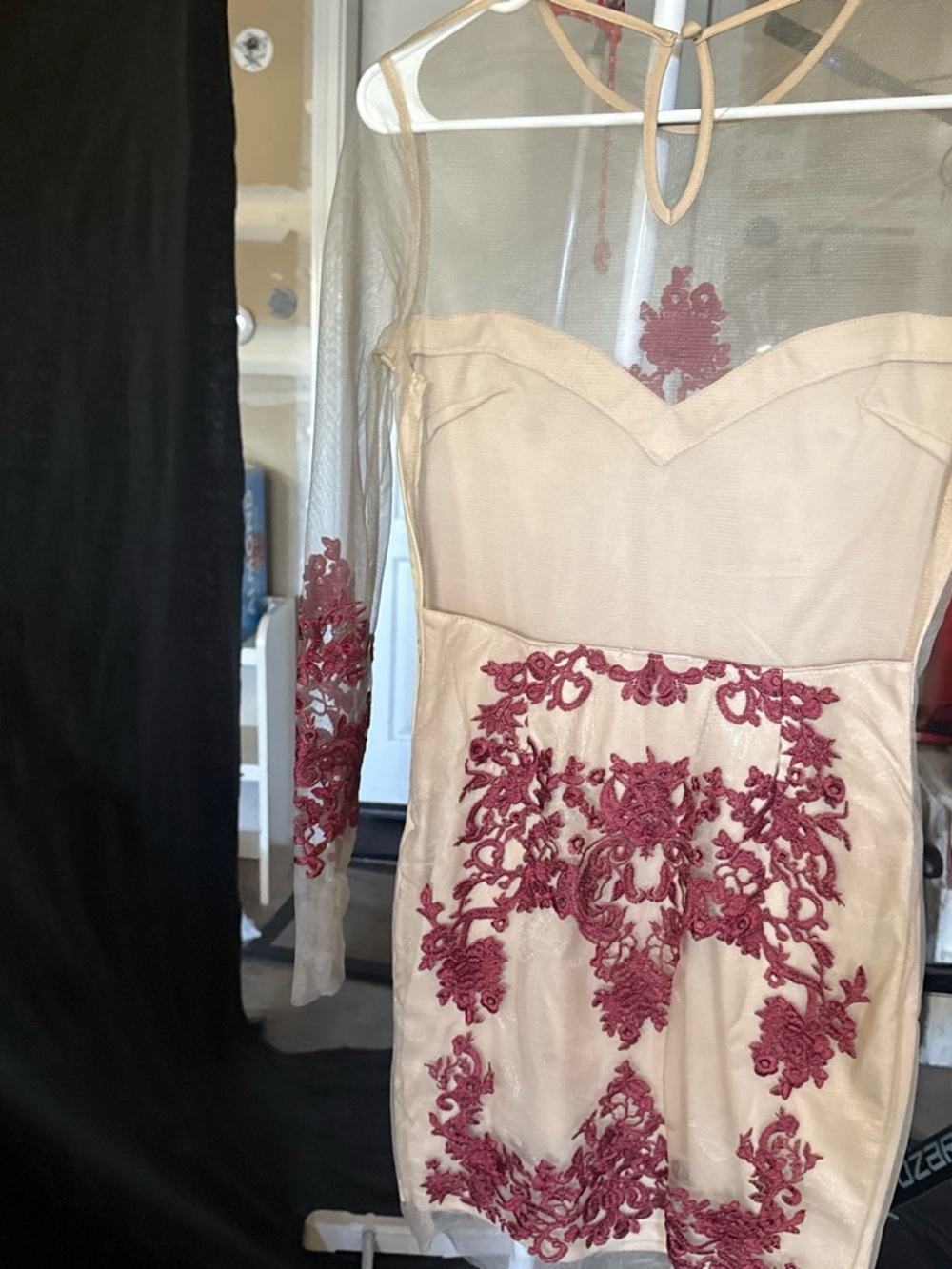Sheer-Panel Nude Mini Dress with Burgundy Lace Appliqué